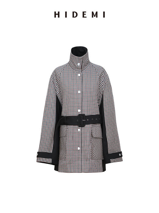 HIDEMI 进口色织格纹双层复合撞钉设计感拼接立领可拆卸腰带户外感口袋风衣外套 商品图8