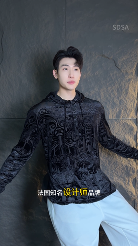 WY1018SDSA男士长袖t恤2025新款轻奢痞帅男装植绒图案设计连帽上衣百搭