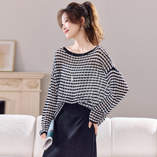 慵懒风镂空针织衫套头防晒罩衫，宽松休闲上衣毛衣CC-J6877 商品图1
