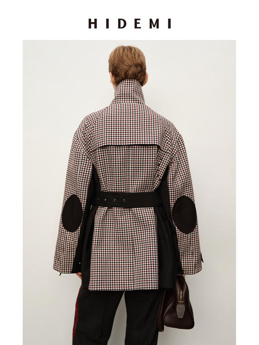 HIDEMI 进口色织格纹双层复合撞钉设计感拼接立领可拆卸腰带户外感口袋风衣外套 商品图7