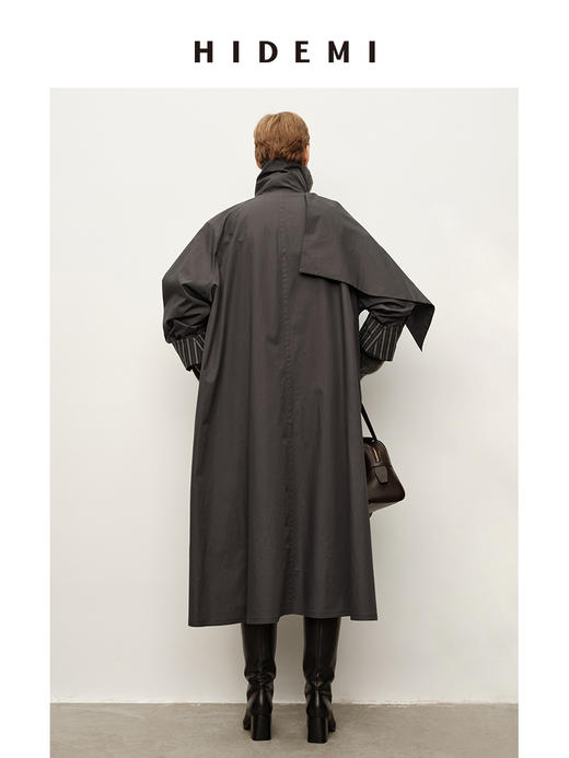 HIDEMI 极简几何不对称围巾设计感卷边宽松长款慵懒文艺风衣 商品图6