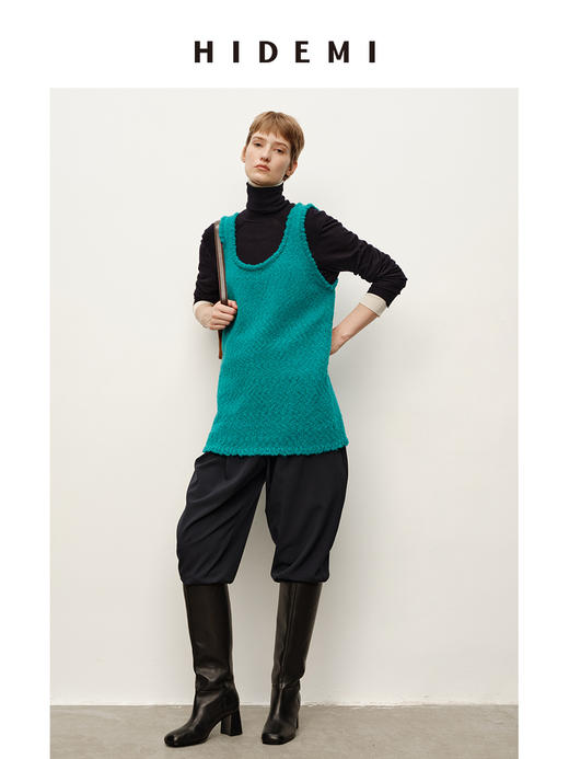 HIDEMI 进口花式粗纺绵羊毛混纺纱线肌理感u型领中长款遮臀手工车线撞色马甲背心 商品图4