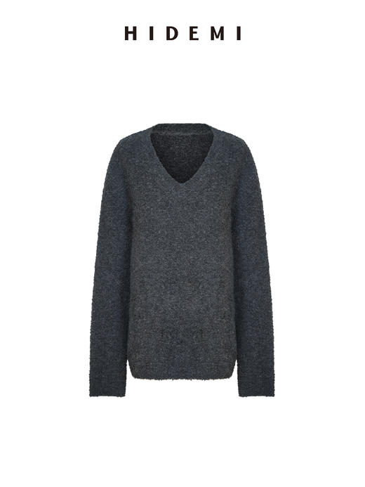 HIDEMI 进口强缩肌理澳洲美利奴羊毛v领大阔型厚款oversize套头慵懒毛衣 商品图9