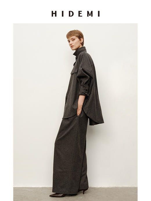 HIDEMI 极简衬衫设计感工装口袋毛呢套装 上衣/阔腿裤 商品图2