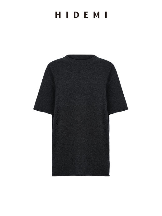 HIDEMI 进口澳洲美利奴羊毛极简廓形卷边设计感圆领套头短袖毛衣半裙套装 商品图7