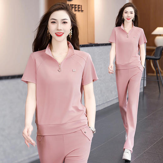 SP176-9913运动套装女夏季2025新款时尚洋气大码短袖长裤立领薄款宽松两件套 商品图1