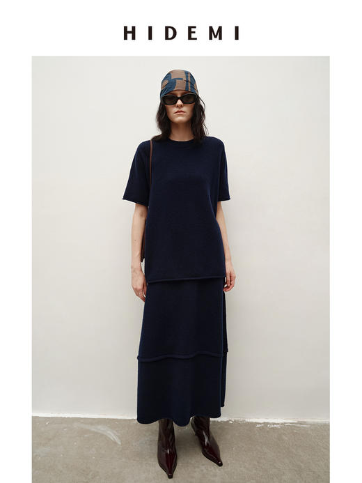 HIDEMI 进口澳洲美利奴羊毛极简廓形卷边设计感圆领套头短袖毛衣半裙套装 商品图4