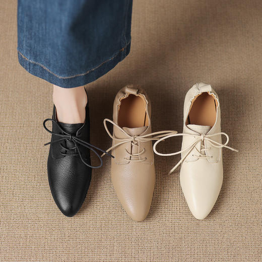 【预售5天】超软舒适通勤头层羊皮系带小皮鞋秋季真皮软底中跟单鞋YF&8876 商品图1