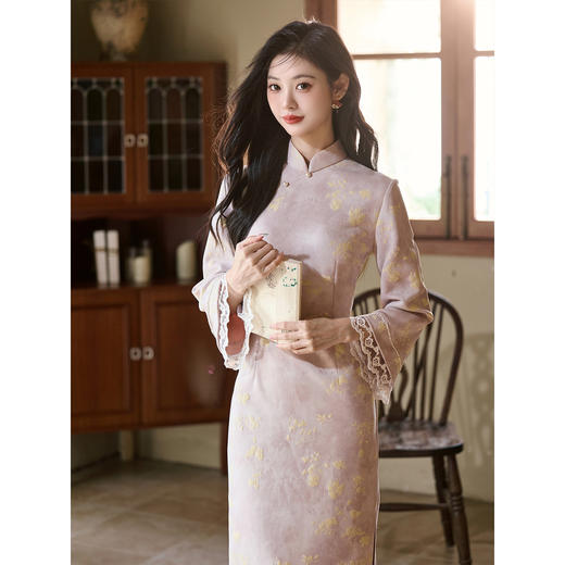 洛士博新中式复古旗袍轻奢高级感粉色2025秋款民国风大小姐长袖 商品图3