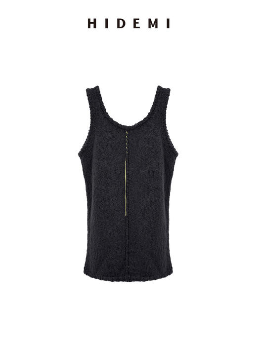 HIDEMI 进口花式粗纺绵羊毛混纺纱线肌理感u型领中长款遮臀手工车线撞色马甲背心 商品图10