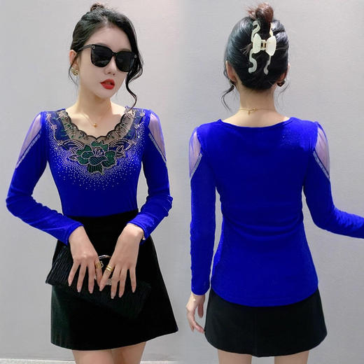 2025年秋冬新款长袖时尚洋气v领花边领烫钻拼接网纱显瘦小众女装 商品图3