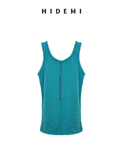 HIDEMI 进口花式粗纺绵羊毛混纺纱线肌理感u型领中长款遮臀手工车线撞色马甲背心 商品图8