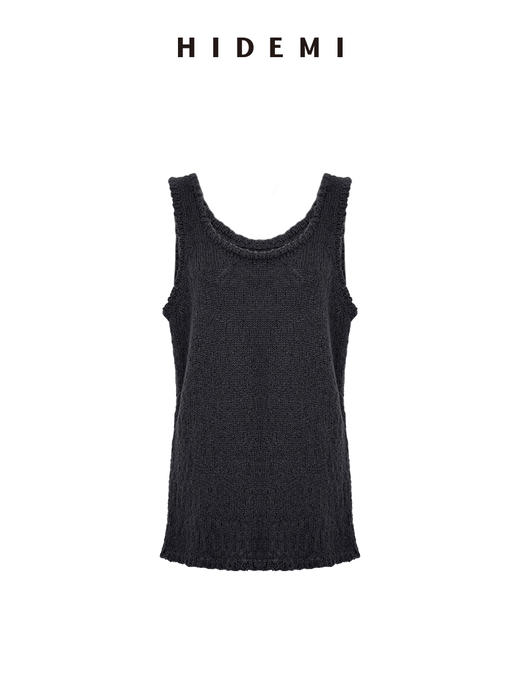 HIDEMI 进口花式粗纺绵羊毛混纺纱线肌理感u型领中长款遮臀手工车线撞色马甲背心 商品图9