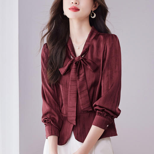 KQL369H9808轻奢高端醋酸条纹收腰蝴蝶结设计感衬衫2025秋季新款长袖上衣 商品图3
