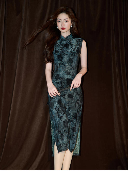 弹力牛奶丝藏青色新中式旗袍夏1037 商品图0