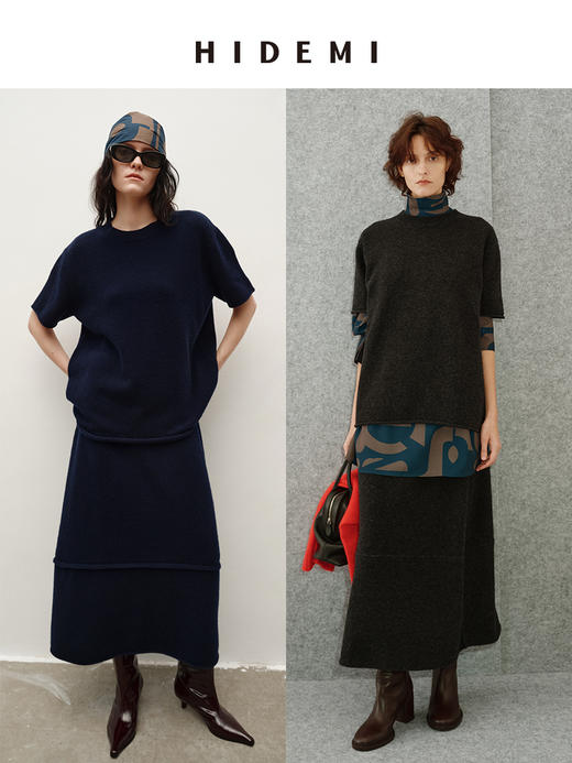 HIDEMI 进口澳洲美利奴羊毛极简廓形卷边设计感圆领套头短袖毛衣半裙套装 商品图0