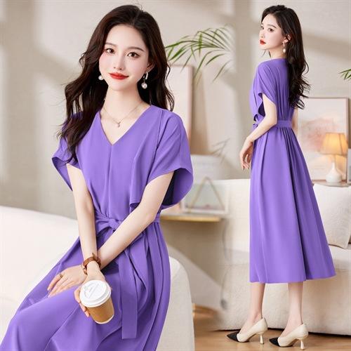 法式气质名媛V领连衣裙新款日系风绑带收腰显瘦长裙SNX2788 商品图2