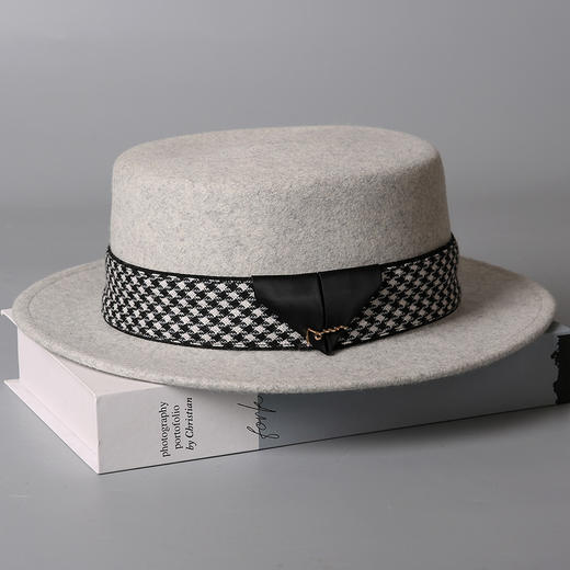 DUJ-9868韩版英伦风千鸟格纹礼帽秋冬时尚羊毛毡帽优雅平顶羊毛帽女帽子 商品图3