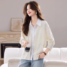 假两件衬衫拼接针织开衫，薄款毛衣外套长袖上衣CC-J6868