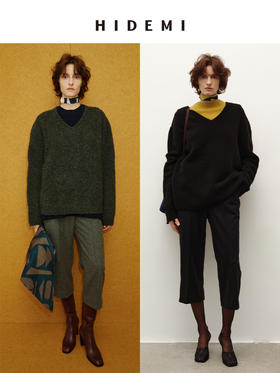 HIDEMI 进口强缩肌理澳洲美利奴羊毛v领大阔型厚款oversize套头慵懒毛衣