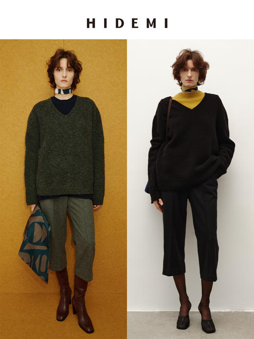 HIDEMI 进口强缩肌理澳洲美利奴羊毛v领大阔型厚款oversize套头慵懒毛衣 商品图0