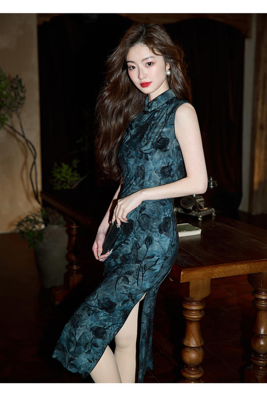 弹力牛奶丝藏青色新中式旗袍夏1037 商品图3