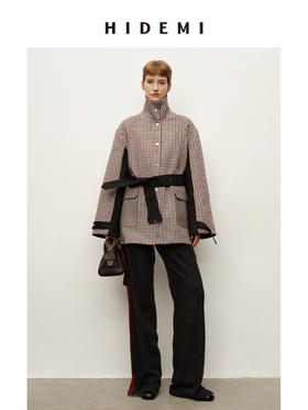 HIDEMI 进口色织格纹双层复合撞钉设计感拼接立领可拆卸腰带户外感口袋风衣外套