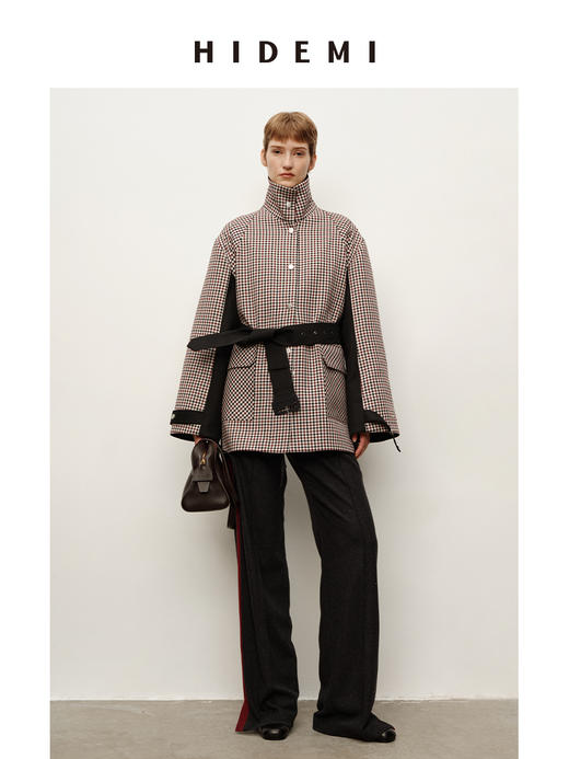 HIDEMI 进口色织格纹双层复合撞钉设计感拼接立领可拆卸腰带户外感口袋风衣外套 商品图0