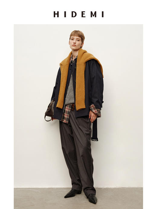 HIDEMI 深藏青极简手工毛边双层拼接立领口袋款短款外套 商品图3