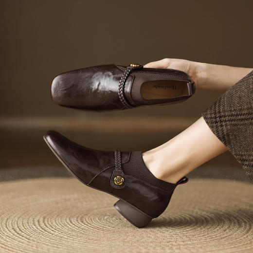 【预售5天】真皮针织深口高跟鞋中跟粗跟软羊皮方头乐福小皮鞋复古单鞋女LD&7441 商品图3