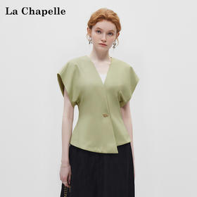 拉夏贝尔/La ChapelleV领短袖设计扣开衫女法式设计感小众洋气时尚高级感上衣