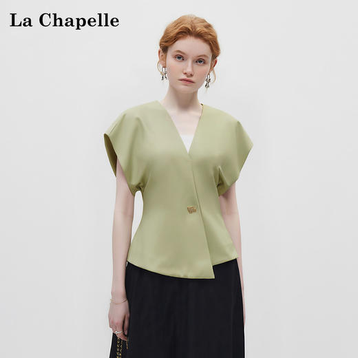 拉夏贝尔/La ChapelleV领短袖设计扣开衫女法式设计感小众洋气时尚高级感上衣 商品图0