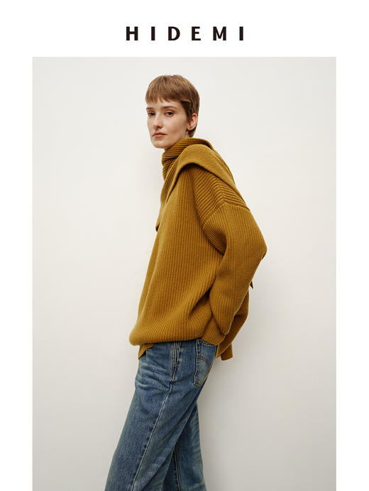 HIDEMI 美利奴羊毛分体围巾设计感粗针加厚款大毛衣 商品图3