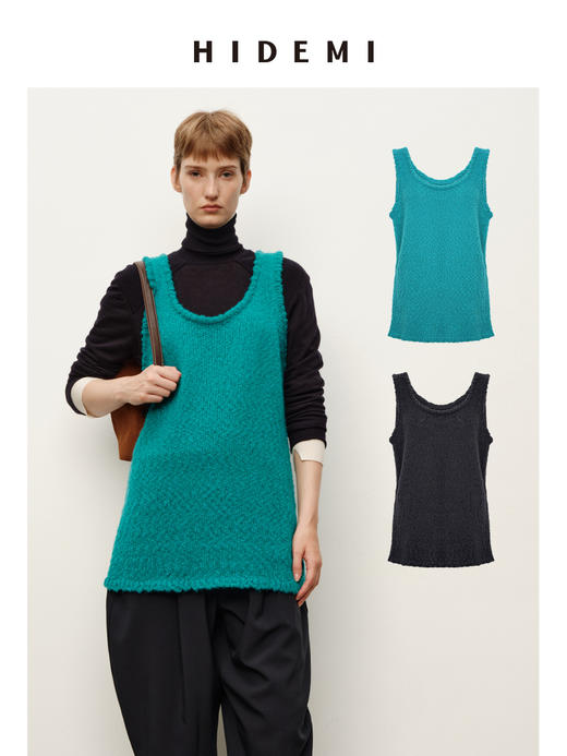 HIDEMI 进口花式粗纺绵羊毛混纺纱线肌理感u型领中长款遮臀手工车线撞色马甲背心 商品图0