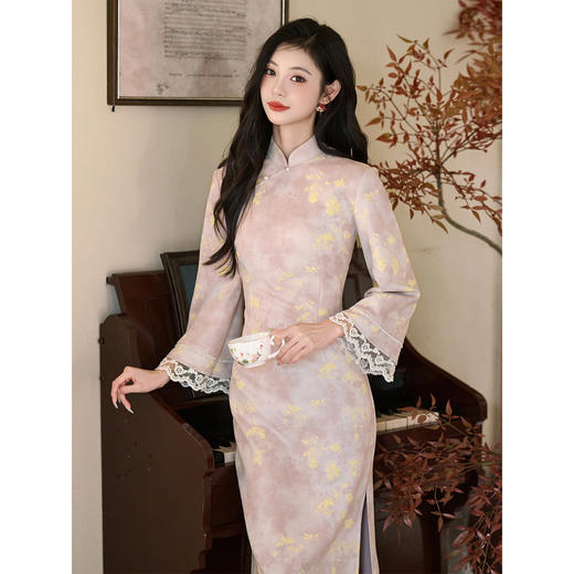 洛士博新中式复古旗袍轻奢高级感粉色2025秋款民国风大小姐长袖 商品图0