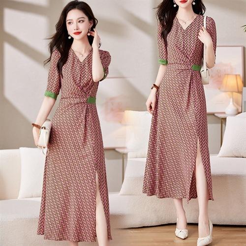 新款V领印花气质收腰显瘦轻熟法式开叉长裙连衣裙SNX2798 商品图2