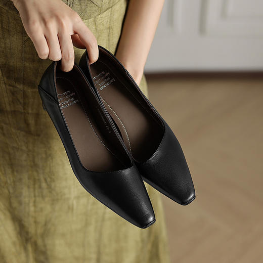 法式杏色小方头粗跟浅口单鞋女2025年新款春秋百搭通勤气质高跟鞋 商品图2