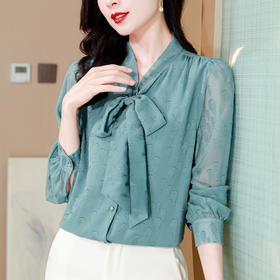 KQL369H9981系带雪纺提花显瘦长袖上衣2025秋新款时尚百搭通勤气质衬衫女