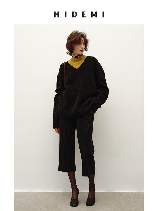 HIDEMI 进口强缩肌理澳洲美利奴羊毛v领大阔型厚款oversize套头慵懒毛衣 商品图2