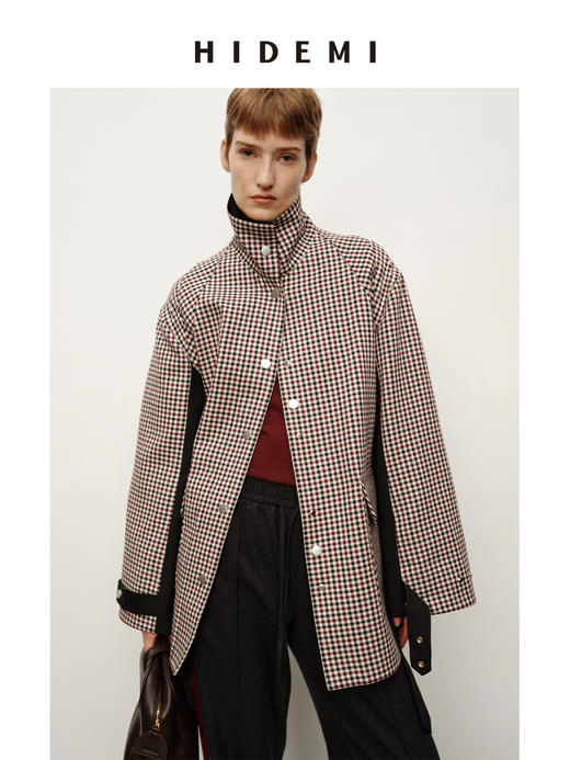 HIDEMI 进口色织格纹双层复合撞钉设计感拼接立领可拆卸腰带户外感口袋风衣外套 商品图4