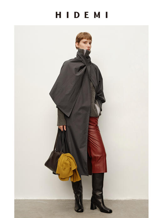 HIDEMI 极简几何不对称围巾设计感卷边宽松长款慵懒文艺风衣 商品图3
