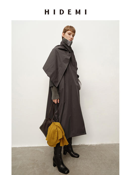 HIDEMI 极简几何不对称围巾设计感卷边宽松长款慵懒文艺风衣 商品图5