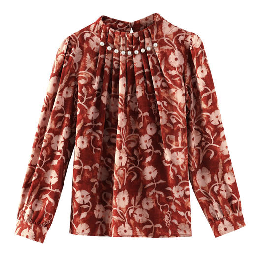 KQL369H99782025年秋装新款缎面立领钉珠印花长袖雪纺衬衫女春秋洋气衬衣 商品图3