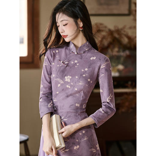 LSB4028国风新中式紫色改良旗袍2025新款秋季奥黛年轻女气质高端 商品图4