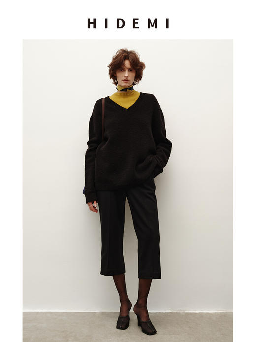 HIDEMI 进口强缩肌理澳洲美利奴羊毛v领大阔型厚款oversize套头慵懒毛衣 商品图1