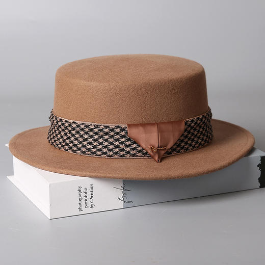 DUJ-9868韩版英伦风千鸟格纹礼帽秋冬时尚羊毛毡帽优雅平顶羊毛帽女帽子 商品图0