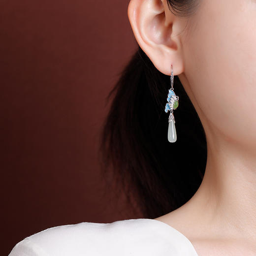 【梦幻蝴蝶】S925纯银珐琅长款水滴天然和田玉耳饰【CW-EG02322】 商品图3