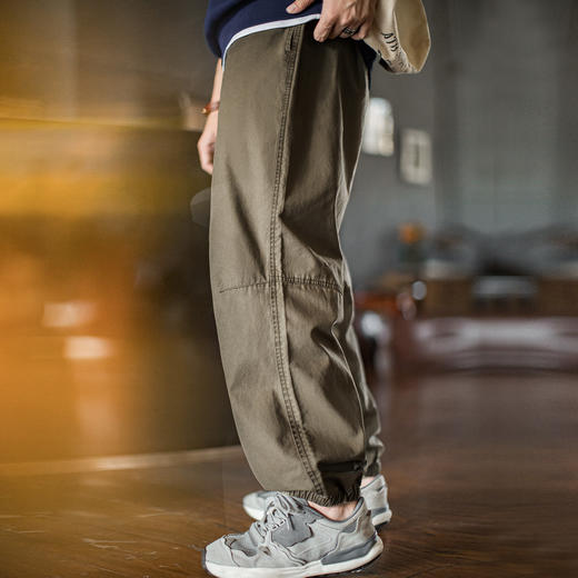 马登工装美式复古纯棉做旧休闲裤宽松抽绳松紧腰束脚长裤子男士秋 商品图0