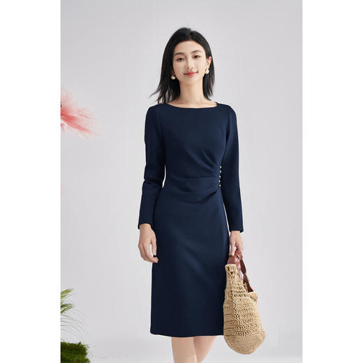 剩S/M/L/XL/XXL 米思阳2026春季新款优雅气质通勤连衣裙纯色修身显瘦中长裙子0105 商品图2