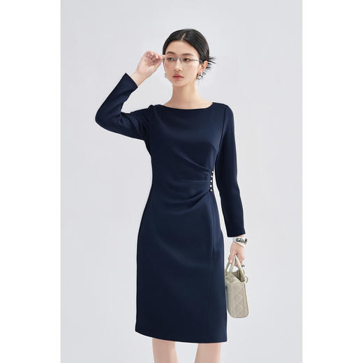 剩S/M/L/XL/XXL 米思阳2026春季新款优雅气质通勤连衣裙纯色修身显瘦中长裙子0105 商品图0